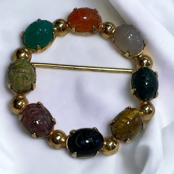 Vintage Jewelry - Vintage Scarab Brooch, Real Stones, Egyptian Revival Style